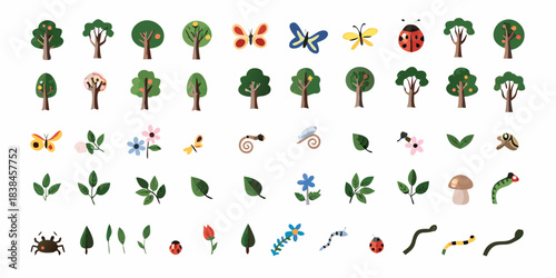 Colorful collection of trees insects flowers and foliage in a playful design