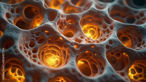 Detailed view of a porous textured light grey structure with numerous glowing orangeyellow cavities