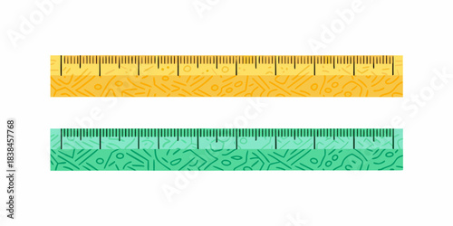 Two colorful rulers with measurement markings and patterned backgrounds are displayed