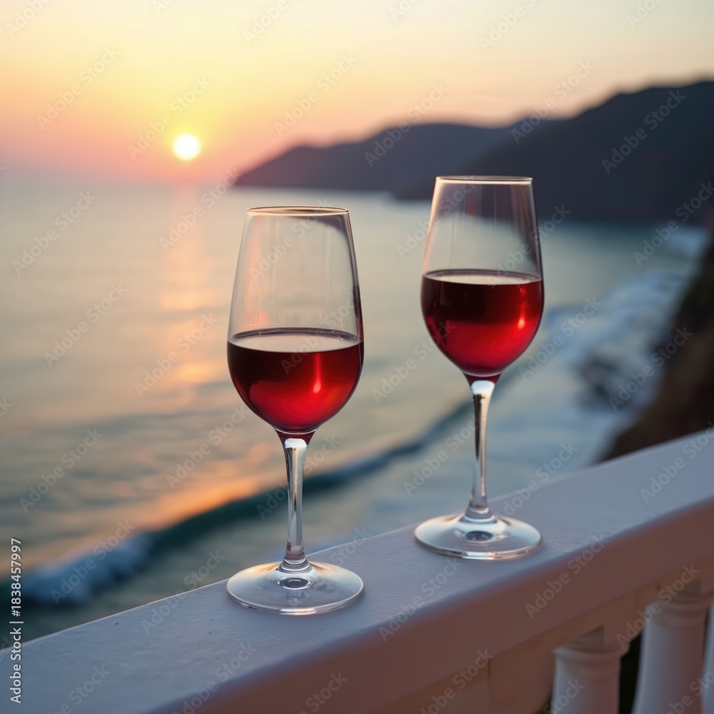Fototapeta premium Two wine glasses filled with red wine stand on a balcony railing. Ocean waves crash below as sun sets over distant hills creating golden hour light.