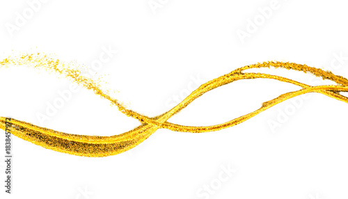 Golden, sparkly abstract ribbons crossing against a black backdrop, creating a flowing design