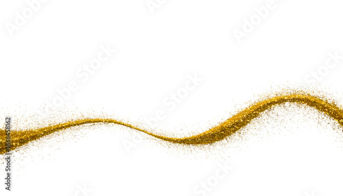 A golden, sparkling stream undulates across a black background, with small colored dots