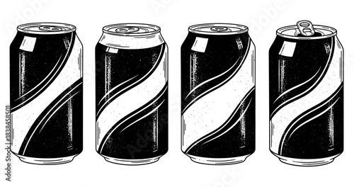 Set of four soda cans with varying lids in black and white illustration