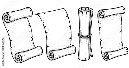 Collection of vintage scrolls and blank paper with inked details