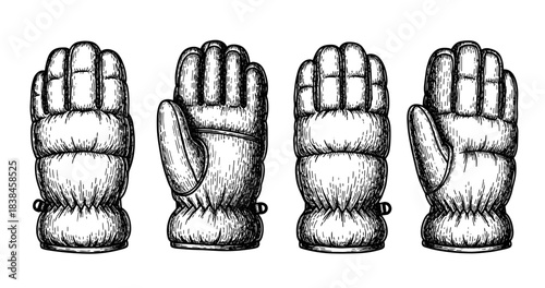 Detailed vintage engraving of winter gloves in multiple views