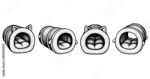 Black and white illustration of cat ear pet beds in various angles