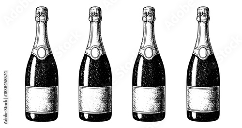 Vintage champagne bottles lineup in black and white sketch style