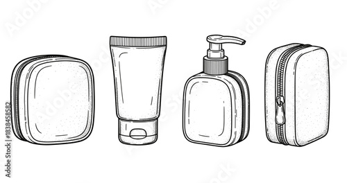 Monochrome illustration of travel toiletry bags and containers