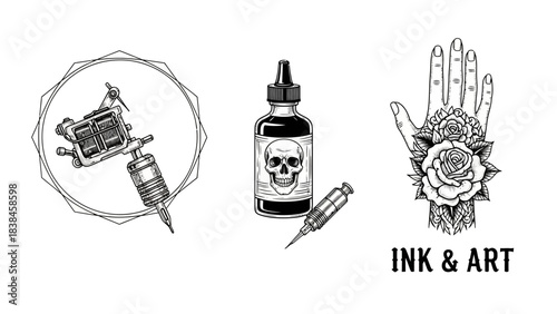 Modern tattoo studio vector elements with geometric frame, machine, and ink for artist branding