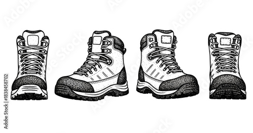 Detailed black and white hiking boots illustration with multiple angles