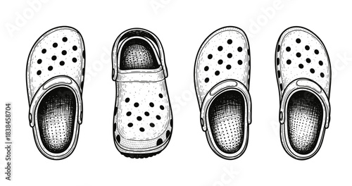 Illustrative array of casual clogs in black and white sketch style