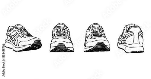 Detailed black and white illustrations of athletic running shoes from multiple angles