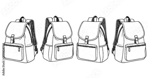 Set of four black and white backpack illustrations in various angles