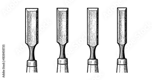 Vintage woodworking chisels set with detailed engraving on isolated white background