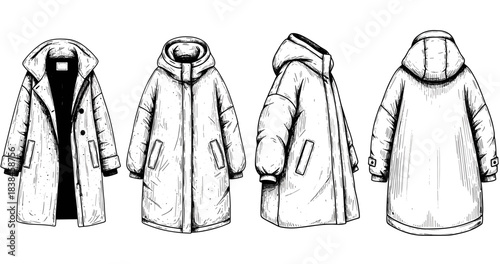 Collection of hand-drawn winter coats illustrations in various styles