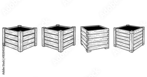 Rustic wooden compost bins collection in black and white line art