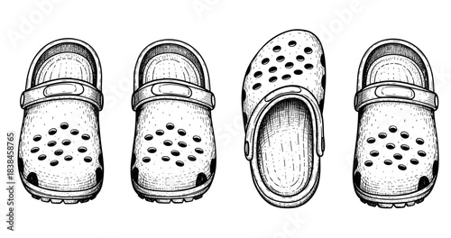 Black and white illustration of classic clogs with strap and vent holes