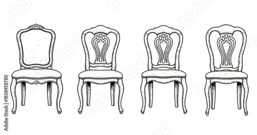 Set of four vintage carved wood chairs in black and white illustration