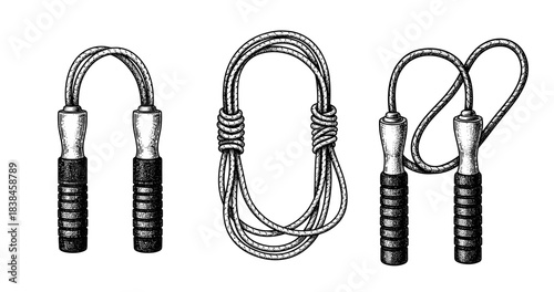 Set of three vintage jump ropes with textured handles in black and white