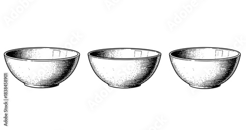 Three hand-drawn ceramic bowls with intricate line patterns in black and white