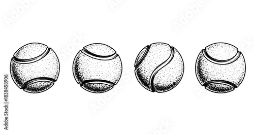 Set of hand-drawn tennis balls with different patterns in black and white