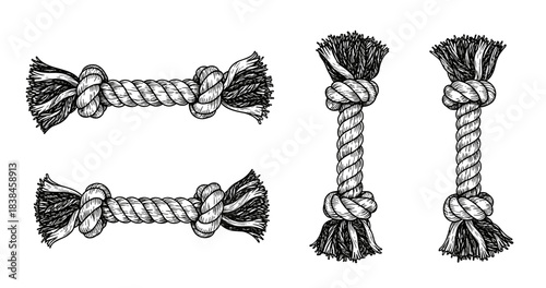 Set of rope knots with frayed ends in black and white vector illustration