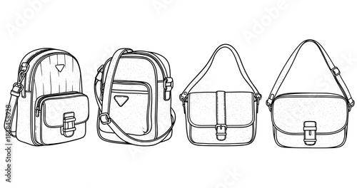 Set of four stylish handbags with adjustable straps in simple line art illustration