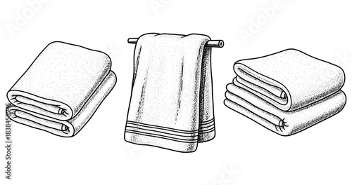 Vintage hand-drawn towels collection: folded and hanging linen textures