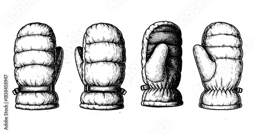 Hand-drawn winter mittens sketch with detailed front and back views