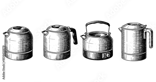 Vintage style kettles: classic designs and unique handles in black and white