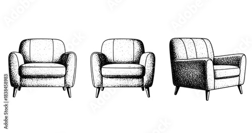 Set of vintage armchairs in black and white sketch style
