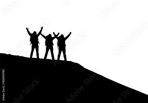 Three silhouetted hikers with backpacks celebrating on a hilltop with arms raised against a white sky, symbolizing achievement and success.