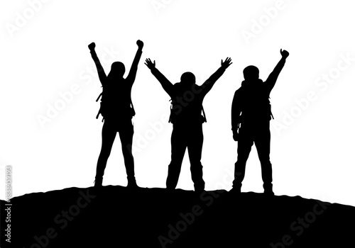 Three silhouetted hikers celebrating success on a mountain peak with arms raised in triumph.