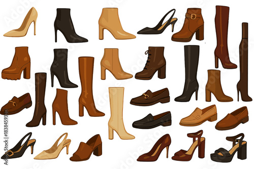 Different types of shoes displayed on a flat surface in a neat arrangement