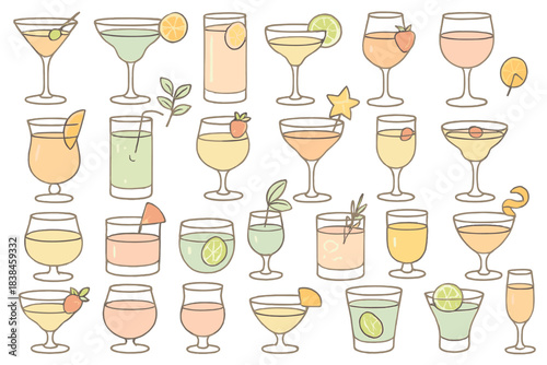 Various drinks displayed with garnishes on a light background showing a variety of styles and colors in a fun setting