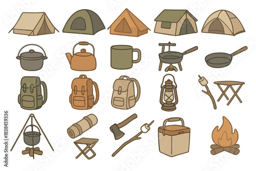 Camping gear and supplies arranged for outdoor adventure and cooking at a campsite