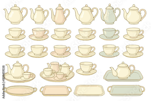 Collection of tea sets with various teapots and cups displayed on trays in a simple layout