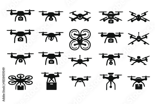 Different types of drones shown in black silhouette style on a white background