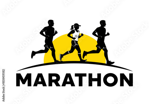 A black and yellow logo featuring three silhouetted runners, two men and one woman, against a yellow sun, with the word 'MARATHON' below.