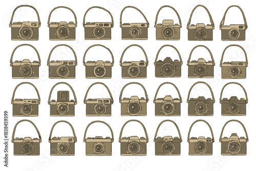 Collection of camera illustrations featuring different designs and styles arranged in a grid on a light background