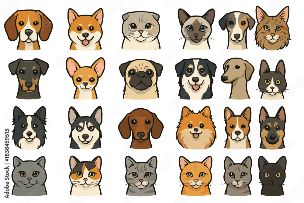 Fototapeta premium Collection of cartoon animal faces featuring dogs and cats in various breeds displayed on a simple white background