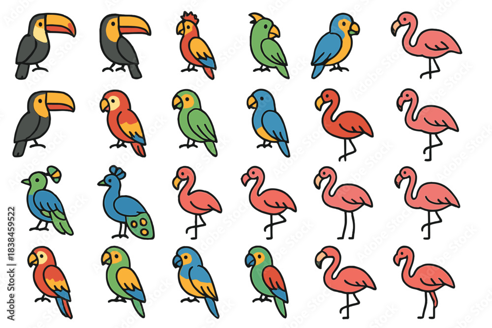 Fototapeta premium Colorful birds displayed in a grid pattern with various species in a clear setting featuring tropical designs