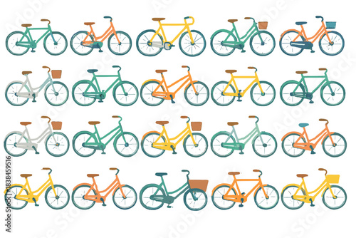 Different types of bicycles lined up in various colors and styles arranged in rows for display or sale