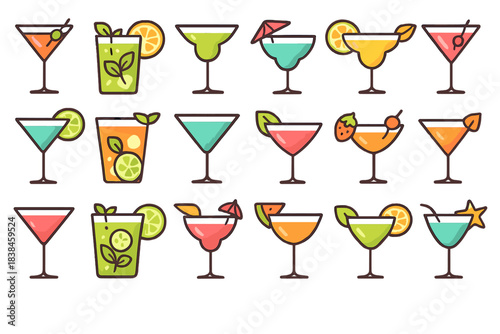 Different types of cocktails on a plain background in various colors and designs for a fun drink menu