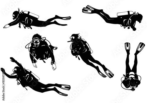 Silhouettes of scuba divers in various underwater poses, equipped with full diving gear including masks, fins, and oxygen tanks.