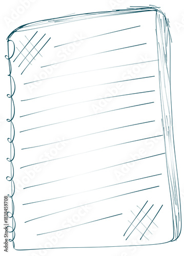 Caderno de desenho com folhas pautadas em estilo esboço, encadernação espiral lateral e traços manuais em azul sobre fundo branco, ideal para layouts criativos e mockups minimalistas