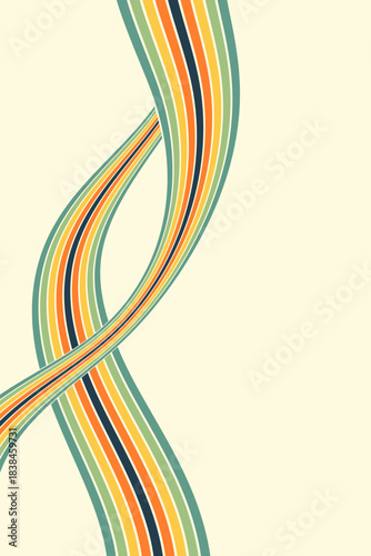 Abstract colorful 70s background vector. Vintage retro wallpaper with rainbow stripes and wavy lines. A 1970 color illustration suitable for posters, banners, decorative items and wall art.