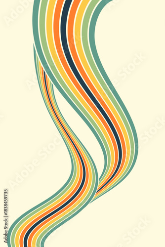 Abstract colorful 70s background vector. Vintage retro wallpaper with rainbow stripes and wavy lines. A 1970 color illustration suitable for posters, banners, decorative items and wall art.