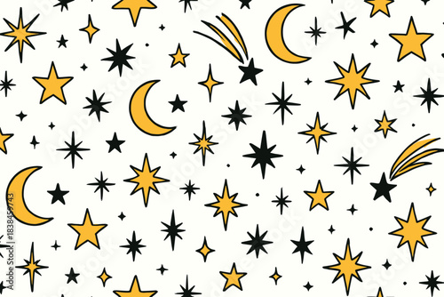 Stars and moons fill the night sky in a simple pattern with shooting stars and various sizes of celestial bodies