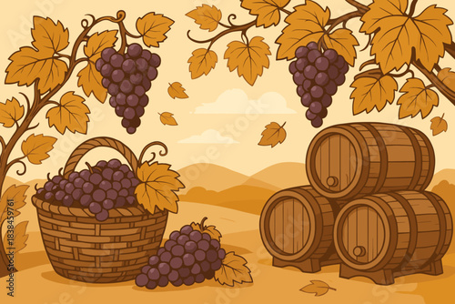 Grapes in a basket near barrels with a vineyard landscape in the background during autumn season